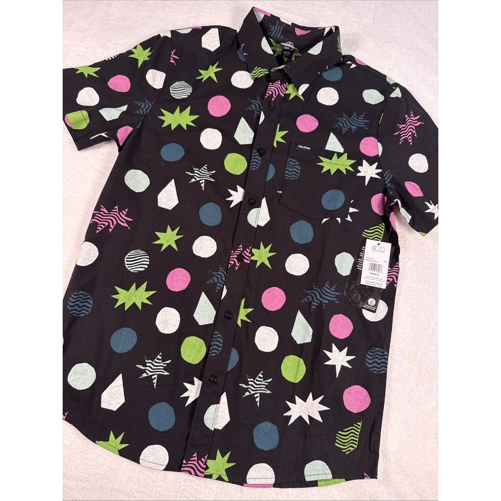 Volcom Polka Stone SS Shirt Mens Small Black Geometric Button Up NWT $60